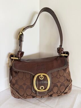 Coach Brown Signature Canvas Shoulder Bag with Gold Hardware